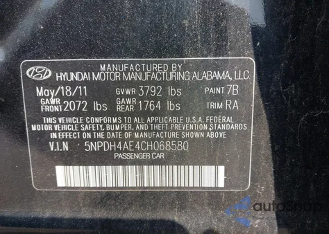 2012 Hyundai Elantra Gls from USA, damaged, VIN 5NPDH4AE4CH068580